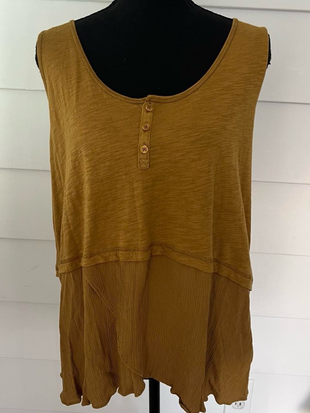 Little Yellow Button Anthropologie Ruffle Layered Henley Tank Top in Mustard